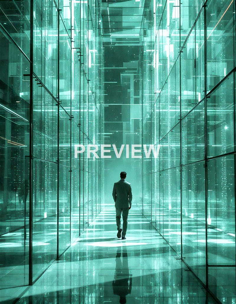 A man in a suit walking through a futuristic, glass-encased corridor with glowing, digital-like reflections on the walls.